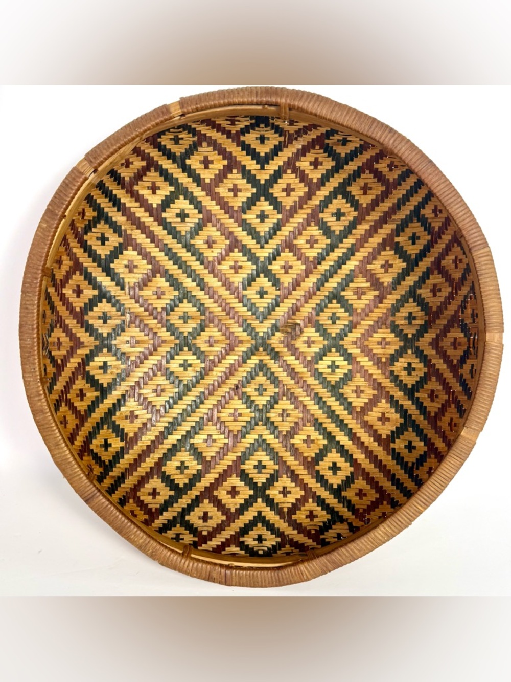 Vintage Winnowing Basket Bamboo BOHO 12”x3.5” Round Black & Burgundy Geometric